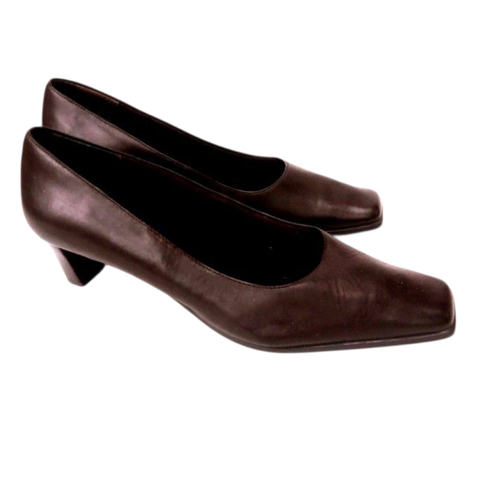BASS Womens Comfort Heels Sz 7.5 WIDE Leather Chocolate Brown Square Toe Tristie